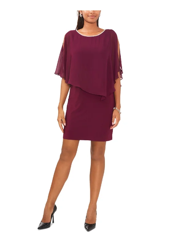 MSK Womens Burgundy Embellished Capelet Elbow Sleeve Round Neck Above The Knee Evening Sheath Dress Minimalist unclassified dresses
