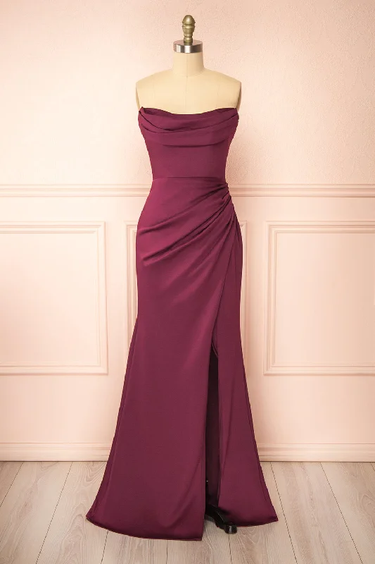 Ailsa Burgundy | Strapless Gown w/ High Slit Bold pattern unclassified dresses