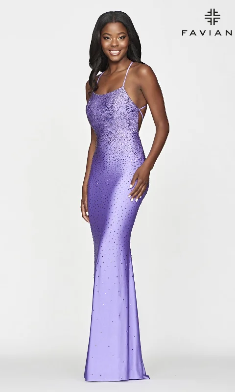 Faviana Long Beaded Prom Dress with Lace-Up Back