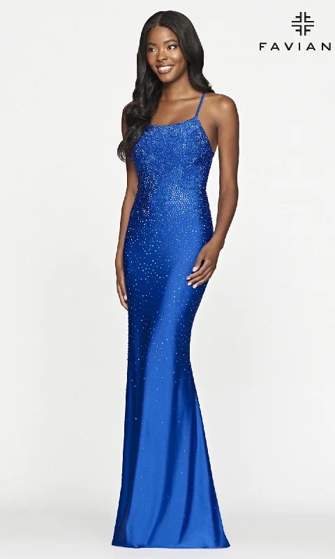 Faviana Long Beaded Prom Dress with Lace-Up Back