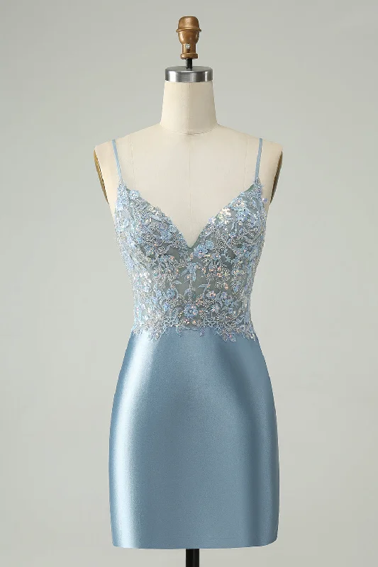 Glitter Dusty Blue Beaded Floral Tight Satin Homecoming Dress