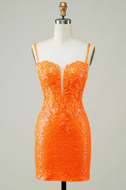 Glitter Orange Tight Corset Lace Up Back Homecoming Dress with Beading