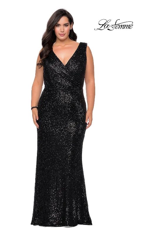 La Femme Plus-Size V-Neck Sequin Long Prom Dress