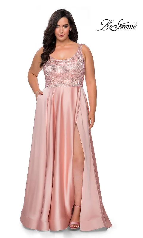 La Femme Beaded-Bodice Long A-Line Plus Prom Dress