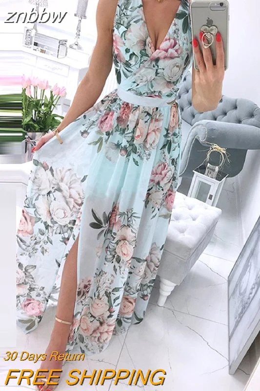 znbbw Deep V-Neck Sleeveless Beach Dress Elegant Women Chiffon Maxi Split Sunress Vintage Floral Print Long Cover-Ups Vestidos 0410