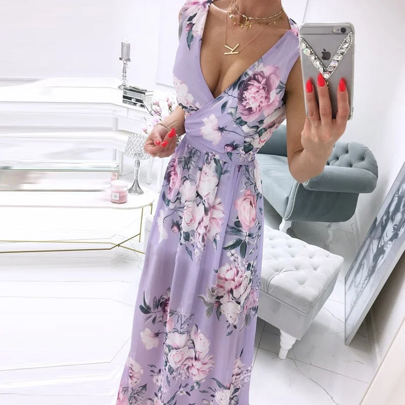 znbbw Deep V-Neck Sleeveless Beach Dress Elegant Women Chiffon Maxi Split Sunress Vintage Floral Print Long Cover-Ups Vestidos 0410