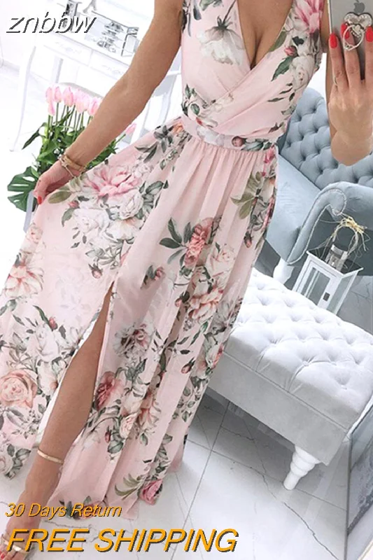 znbbw Deep V-Neck Sleeveless Beach Dress Elegant Women Chiffon Maxi Split Sunress Vintage Floral Print Long Cover-Ups Vestidos 0410