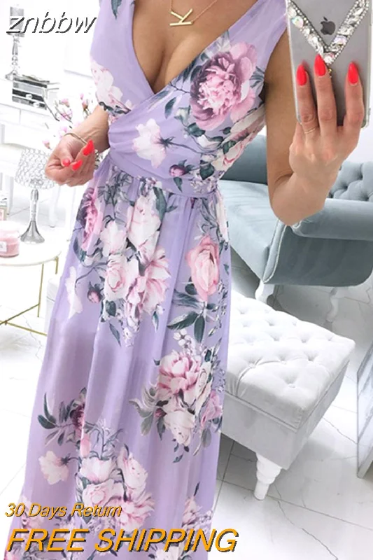 znbbw Deep V-Neck Sleeveless Beach Dress Elegant Women Chiffon Maxi Split Sunress Vintage Floral Print Long Cover-Ups Vestidos 0410