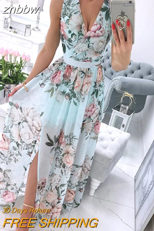 znbbw Deep V-Neck Sleeveless Beach Dress Elegant Women Chiffon Maxi Split Sunress Vintage Floral Print Long Cover-Ups Vestidos 0410