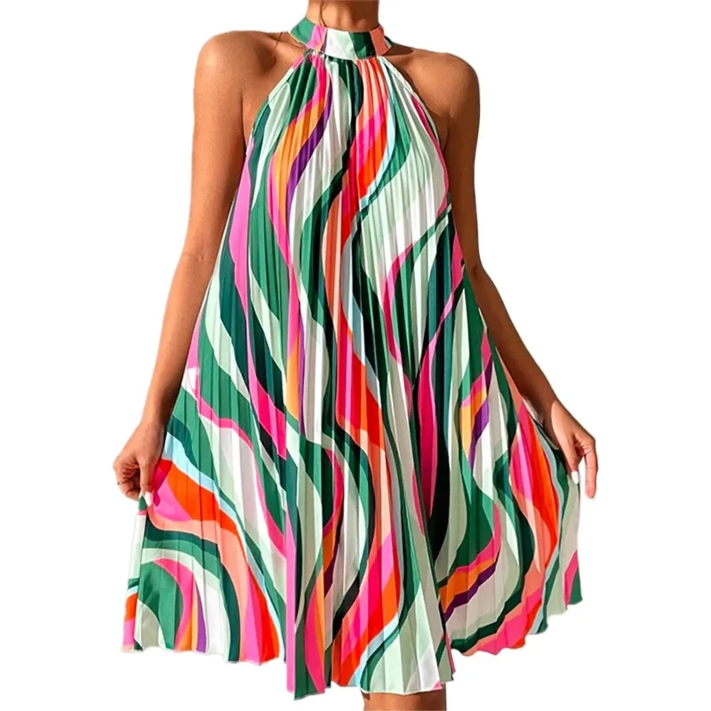 Znbbw New Summer Dresses For Women Sexy Abstract Print Sleeveless Pleated Dress Y2k Vestidos De Mujer Casual Party Mini Dress