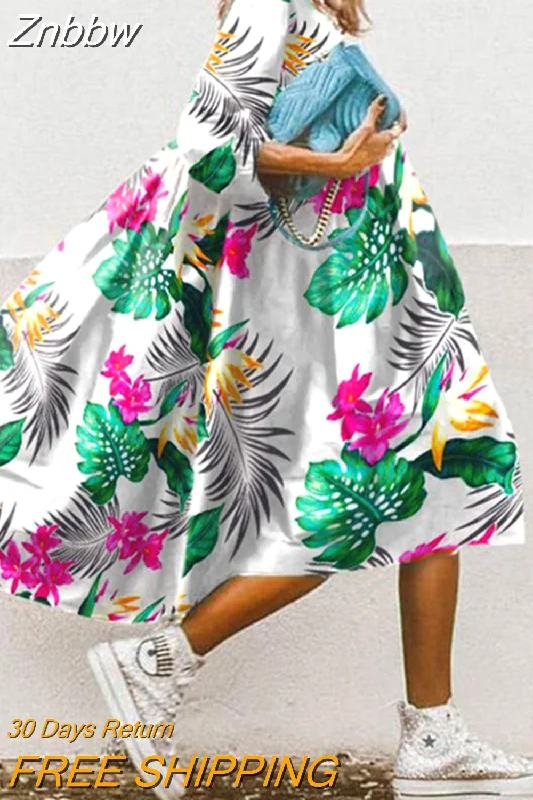 Znbbw Women Floral Print Dress 2023 Summer Casual O Neck Half Sleeve Boho Long Dresses Female Elegant Loose Beach Party Dress Vestidos 0410