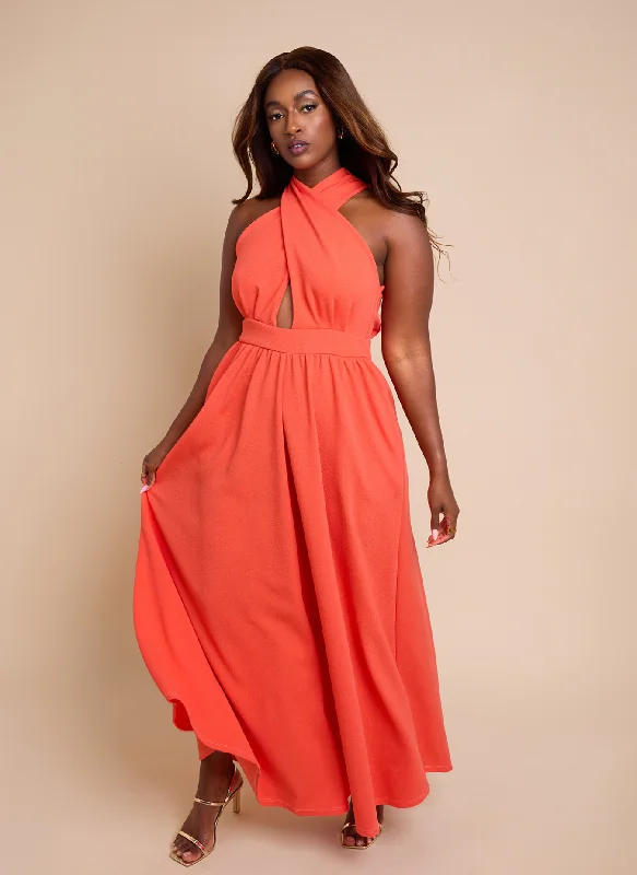 Eleanor Keyhole Skater Maxi Dress w. Pockets - Coral Summer Maxi Skirt